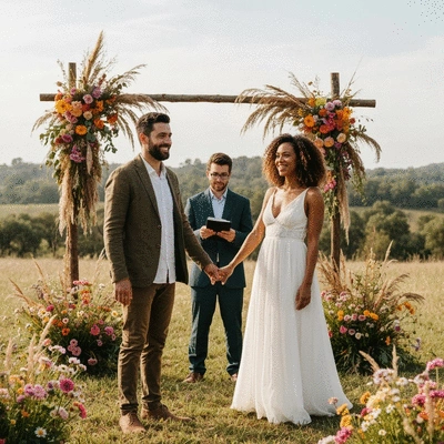 Couple holding hands at a sustainable outdoor wedding