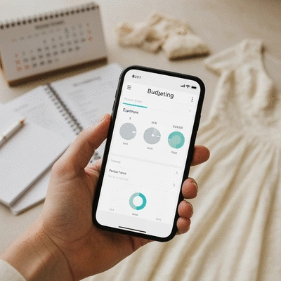 Hand holding a smartphone with a budgeting app, showing financial planning for a wedding