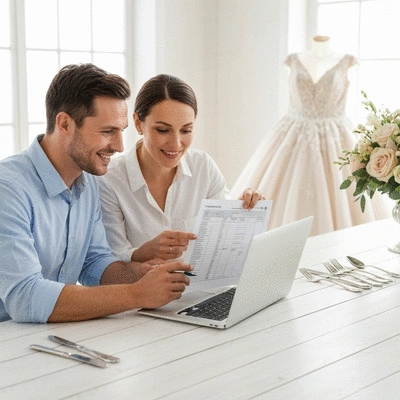 Couple happily reviewing a wedding budgeting spreadsheet on a laptop