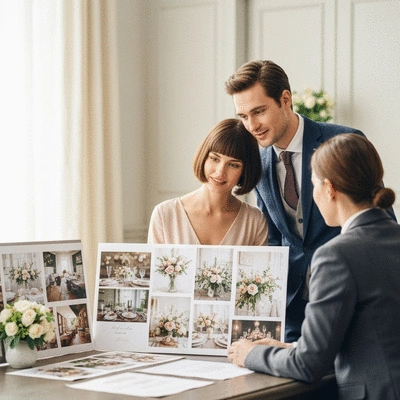 Happy couple meeting with a wedding planner, looking at a mood board, natural lighting