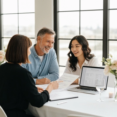 Couple happily discussing wedding budget with a planner