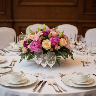 Elegant wedding table arrangement with seasonal flowers and place settings, ambient lighting, no text, no words, no typography, clean image