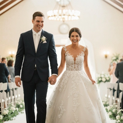 Bridal couple holding hands, groom in classic suit, bride in elegant gown, soft focus, no text, no words, no typography, clean image