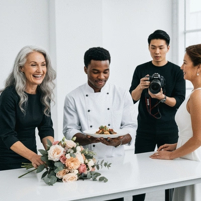 Diverse group of wedding vendors collaborating, such as a florist, caterer, and photographer discussing details
