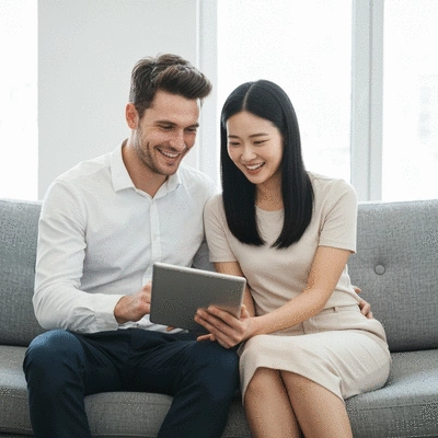 Couple planning wedding budget on a tablet, looking happy and organized