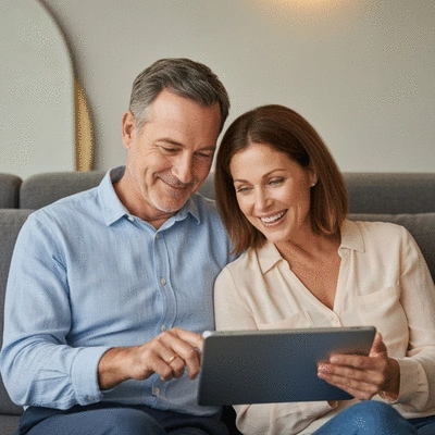 Couple looking at wedding planning app on a tablet