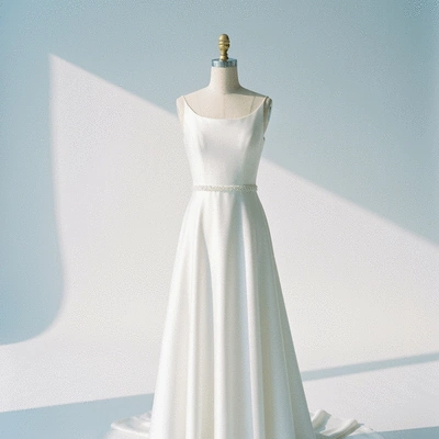 Modern wedding dress on mannequin, clean studio shot