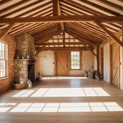 Beautiful rustic barn wedding venue interior with minimal decoration, natural light, no text, no words, no typography, 8K