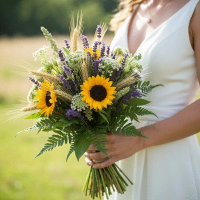 Close-up of a rustic, sustainable wedding bouquet featuring locally sourced, seasonal flowers and natural greenery, held by a bride in an outdoor setting, no text, no words, no typography, clean image