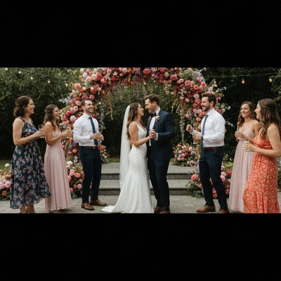 Couple happily planning wedding budget on a tablet, with wedding mood board in background