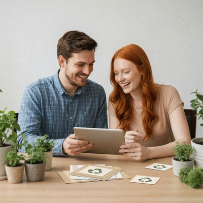 A couple seated at a table, happily planning their sustainable wedding on a tablet, surrounded by natural elements like potted plants and recycled paper samples, no text, no words, no typography, clean image