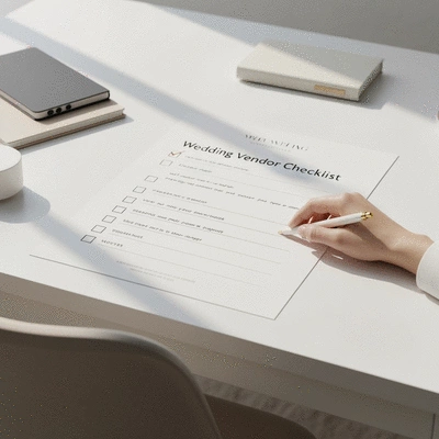 Detailed wedding vendor checklist with checkboxes and notes, on a beautifully organized desk