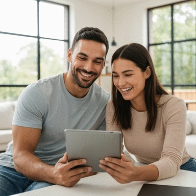 Couple happily reviewing wedding vendor contracts on a tablet, smiling and relaxed, in a modern home environment