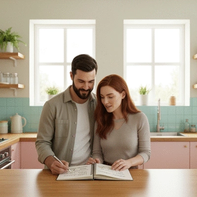 Couple planning a sustainable wedding, looking at eco-friendly options