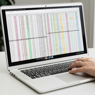 Detailed wedding planning budget spreadsheet on a laptop screen with a hand using a mouse, no text, no words, no typography, clean image